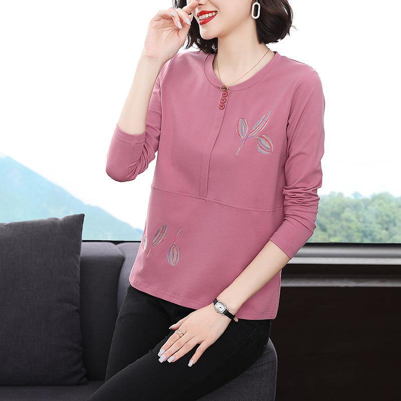 Tシャツ レディース 秋冬 ゆったり 大きめ ぽっちゃり対応 ママ服 気質 カジュアル スタイリッシュ 若々しい ラウンドネック 長袖 刺繍 ポリエステル 通勤 紫ピンク 赤 ブルー