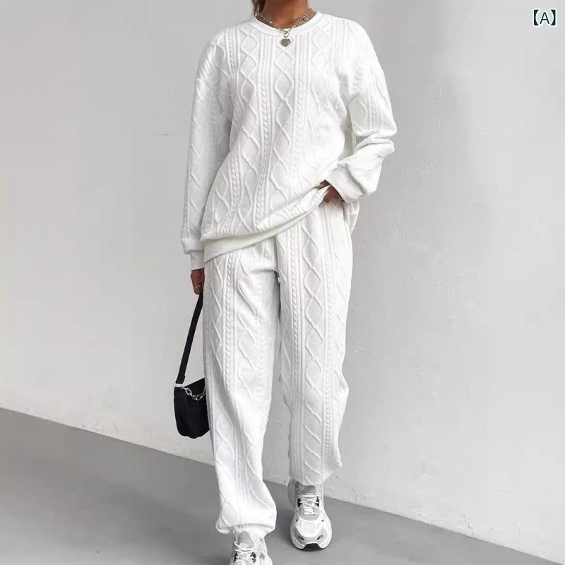 レディース 春秋 長袖 丸領 菱形 切り替え リブ ポリエステル スウェット トップス テーパードパンツ セット カジュアル 普段使い 白 ピンク 黒
