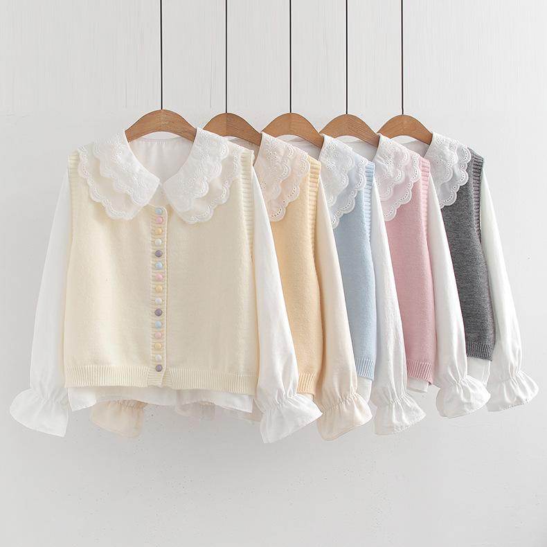 ニット ベスト レディース パフ スリーブ シャツ セット 綿 素材 刺繍 デザイン 長袖 春 ピンク ライトブルー イエロー かわいい カジュアル 普段使い 清新 甘め トップス 組み合わせ