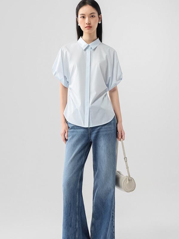 シャツ レディース 春夏 フレンチロマンティック ウエストシェイプ プリーツ ノーアイロン 接触冷感 スリム 半袖 ゆったり ミドル丈 切り替え 無地 ポリエステル 綿混 カジュアル 白 黒 グリーン