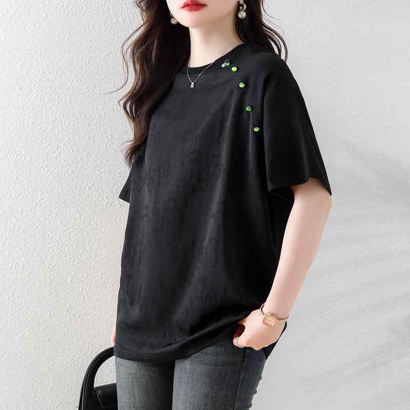 Tシャツ レディース 春夏 半袖 丸首 ルーズ 復古風 黒 ポリエステル 切り替え 織り柄 大きめ トップス 気質 優雅 普段使い