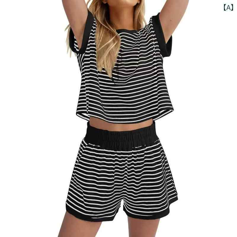 レディース ショートパンツ セット 丸首 トップス ゆったり ストライプ チェック ゴムウエスト 七分袖 膝上丈 切り替え ポリエステル混 ストレッチ 快適 普段使い 春夏 カジュアル