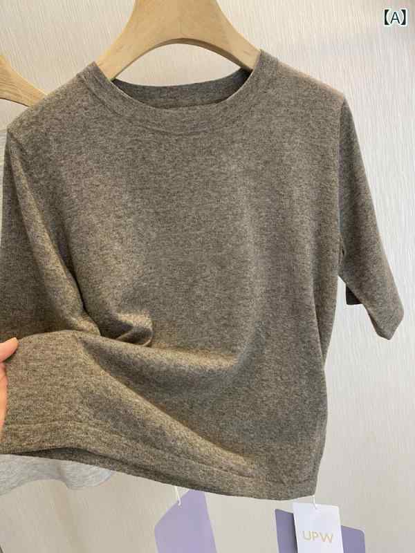 ニットTシャツ レディース 麻綿混 吸汗透気 ルーズフィット ストレートシルエット 細見え ラウンドネック 三分袖 夏用 グレーグリーン ノーアイロン 普段使い カジュアル おしゃれ