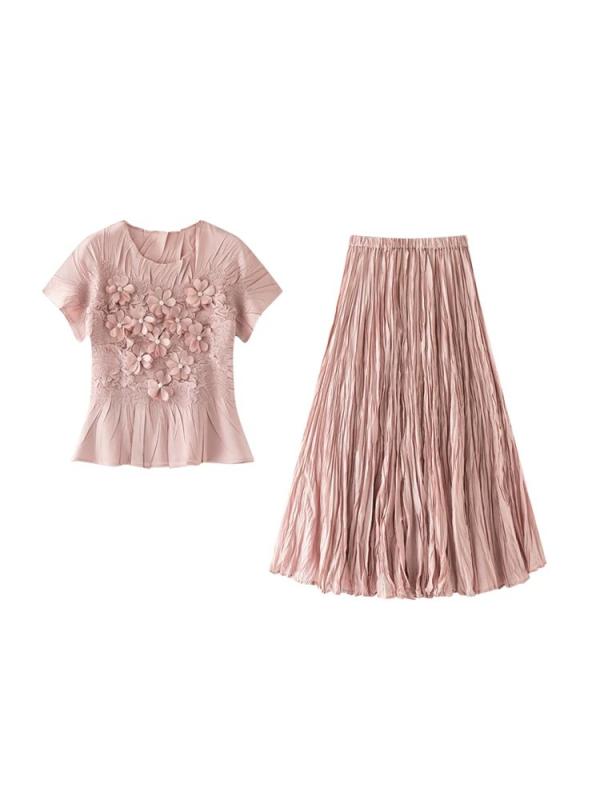 レディース トップス プリーツ ロングスカート セット 高級感 半袖 Tシャツ 乱れプリーツ 半身スカート ポリエステル 生地 夏 ベージュ ピンク グリーン