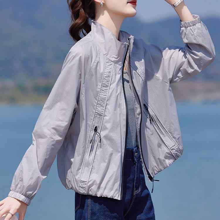 UVカットカーディガン レディース 夏 薄手 長袖 ゆったり 無地 スタンドカラー ラグラン袖 ジッパー ポケット 高級感 カジュアル エレガント ポリエステル グレー ブルー