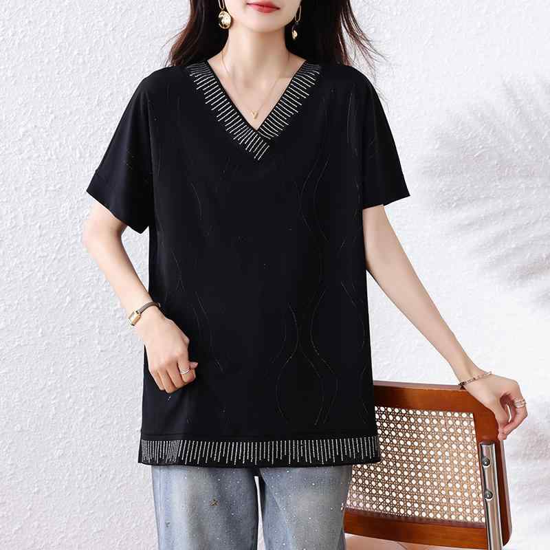 Tシャツ Vネック 半袖 ゆったり ポルカドット ラインストーン 夏 カジュアル トップス お腹カバー 若々しい ぽっちゃり プラスサイズ ポリエステル 普段使い 日韓スタイル