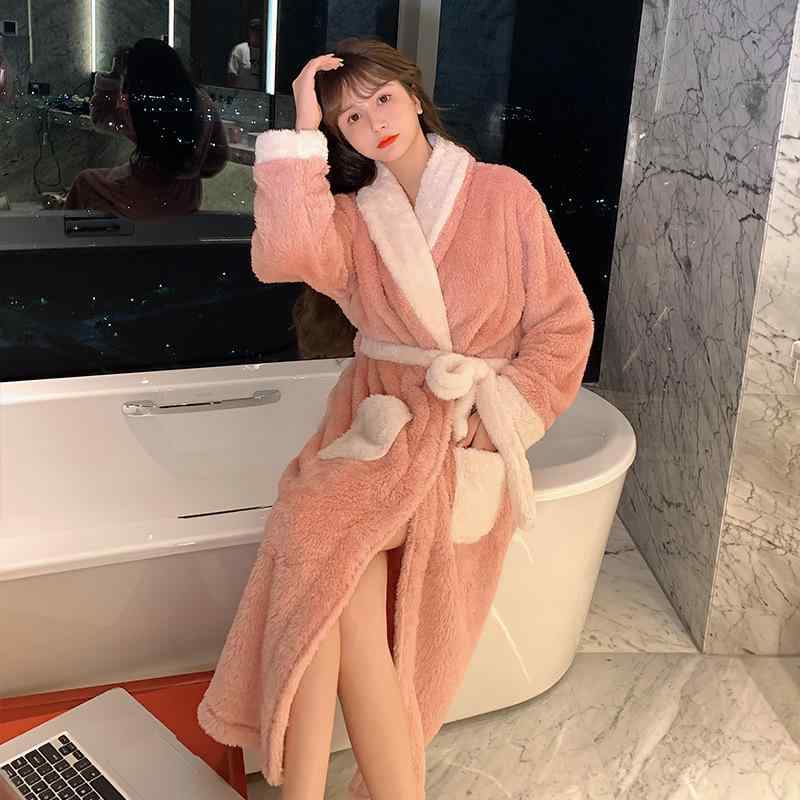 パジャマローブ レディース 秋冬 厚手 暖か ロング丈 Vネック コーラルベルベット ポリエステル 伸縮性 柔らかい 快適 高級感 部屋着 就寝 カジュアル ピンク グレー ブルー