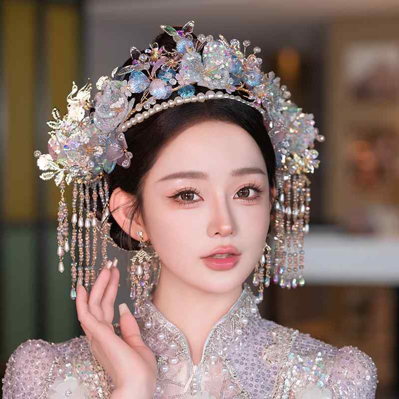 髪の毛付属物 花嫁御寮 華燭の典 華燭の典 中国風 秀禾服 漢服 レトロ 頭顱御召しもの 髪飾りつけ 鳳冠 花 硝子 淡色 パステルカラー 手作り アロイ 灯し火メッキ工業 晴れ晴れしい 和装 前撮り 寄り合い 二次会