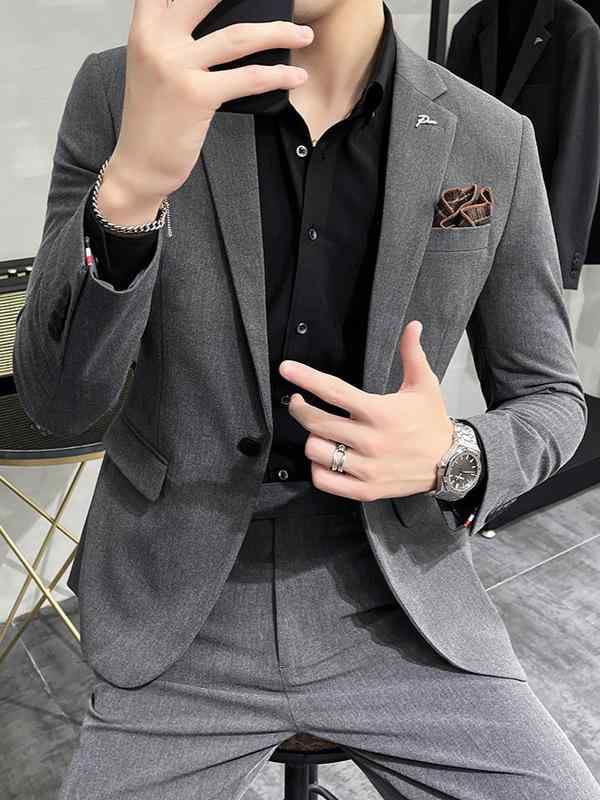 スーツ メンズ 春夏 薄手 韓国風 スリムフィット 1つボタン セットアップ ビジネス カジュアル オフィス フォーマル 結婚式 二次会 パーティー 大きいサイズ ブラック グレー系 ポリエステル混紡｜ふんわり暮らし鞄店