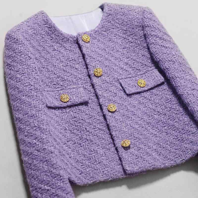 ジャケット レディース パープル 高級感 上品 おしゃれ ツイード ウール 薄手 ショート丈 ラウンドネック 長袖 シングルブレスト 切り替え ストレートシルエット 春夏|ふんわり暮らし鞄店