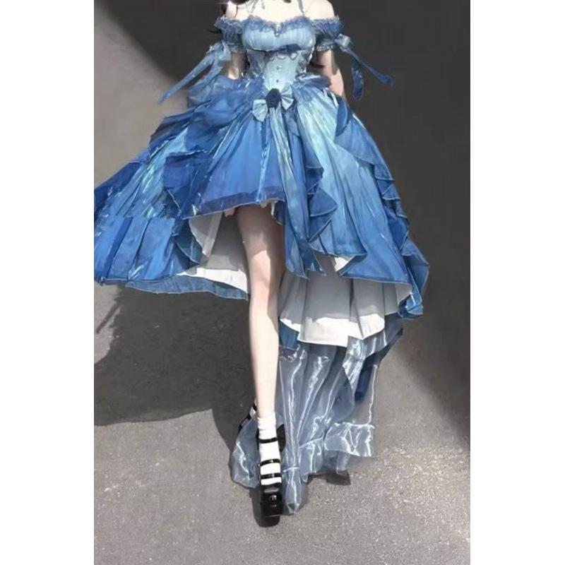 お召しもの レディース ロリータ 妃殿下 御芽出度 御芽出度 二次会 寄りあい 告げ知らせる会 かき鳴らす会 晴れ晴れしい 晴れ晴れしい 前ミニ うしろ側ロング ギア ふんわり オフショルダー 半袖 シュロの葉 フラウンス うつり変わり リネン 麻 青色 春夏