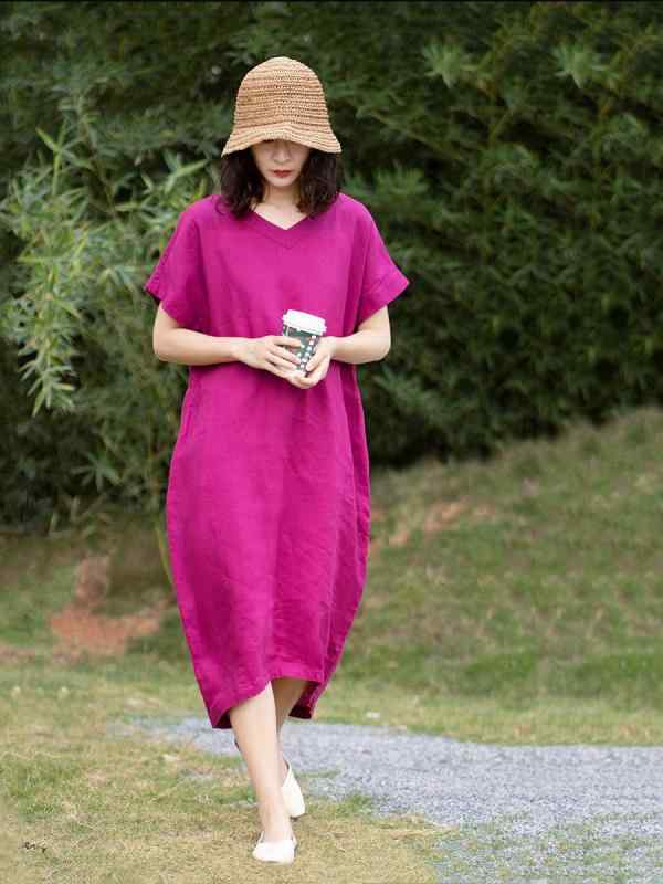 衣装 レディース リネン 麻 半袖 ドルマンスリーブ Vのど首 ゆったり 体型押しかぶせる 太陽フレア ミモレ丈 サクラ色サクラ色 ラベンダー 春夏 たまり場 自然的 心地よい ヴィンテージ風