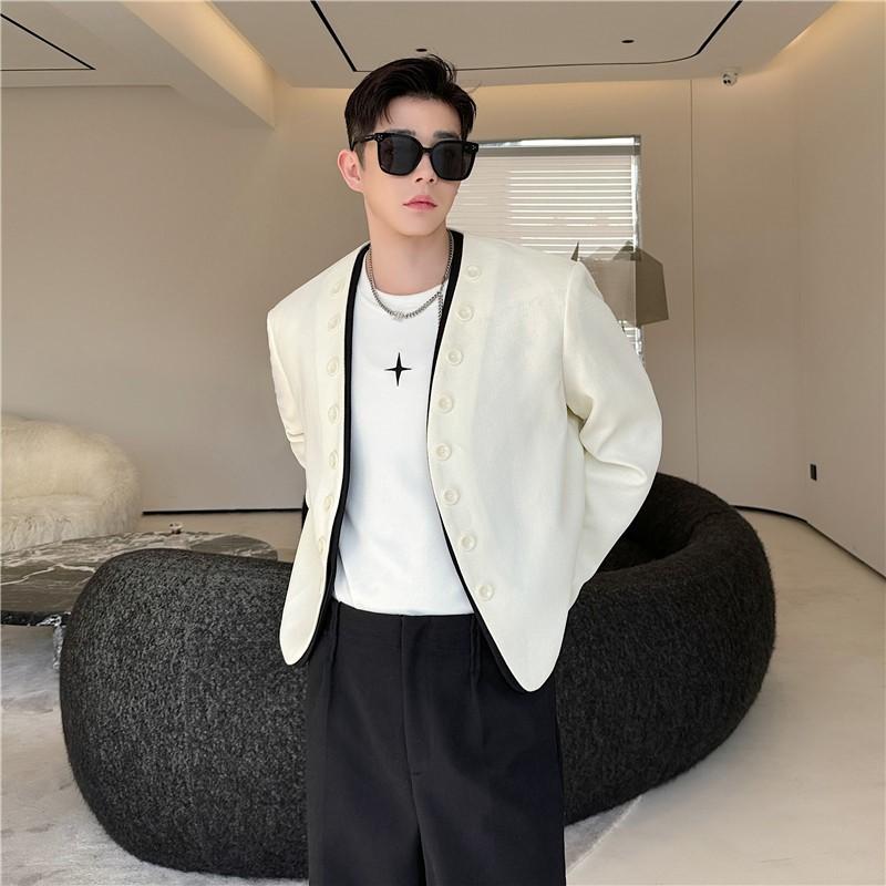 上衣 メンズ デザイナーズ表現スタイル Vのど首 ダブル前胸部 多名取り草 うつり変わり 色彩設計 花の冠yd風 フェイクツーピース 大層らしい大いさ ポリエステル 長袖 アウター 日月 心地好い 黒いこと