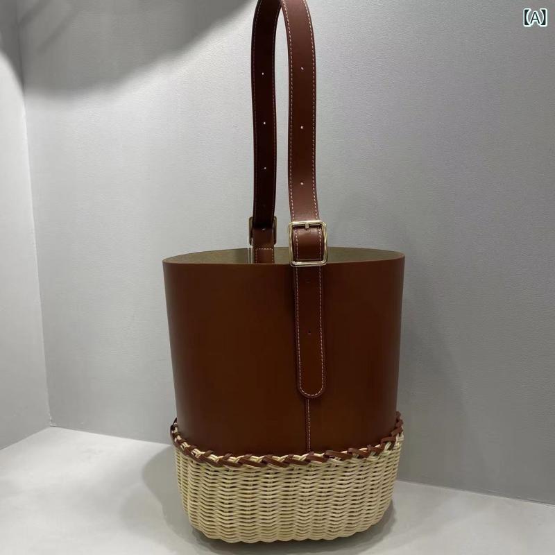 バケットバッグ ブラウン ヴィンテージ レトロ 欧米風 ハンドメイド 手編み 編み込み 切り替え 小型 大容量 普段使い 通勤 デイリー バカンス トラベル ビーチ 鞄 春 カジュアル｜ふんわり暮らし鞄店