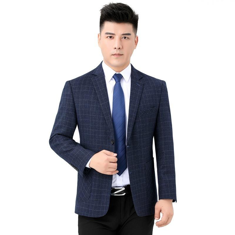 テーラードジャケット メンズ 男性用 秋冬 ウール ブルーチェック シングルブレスト ストレートシルエット ノーアイロン 防シワ ビジネス カジュアル 通勤 オフィス ミドル丈｜ふんわり暮らし鞄店
