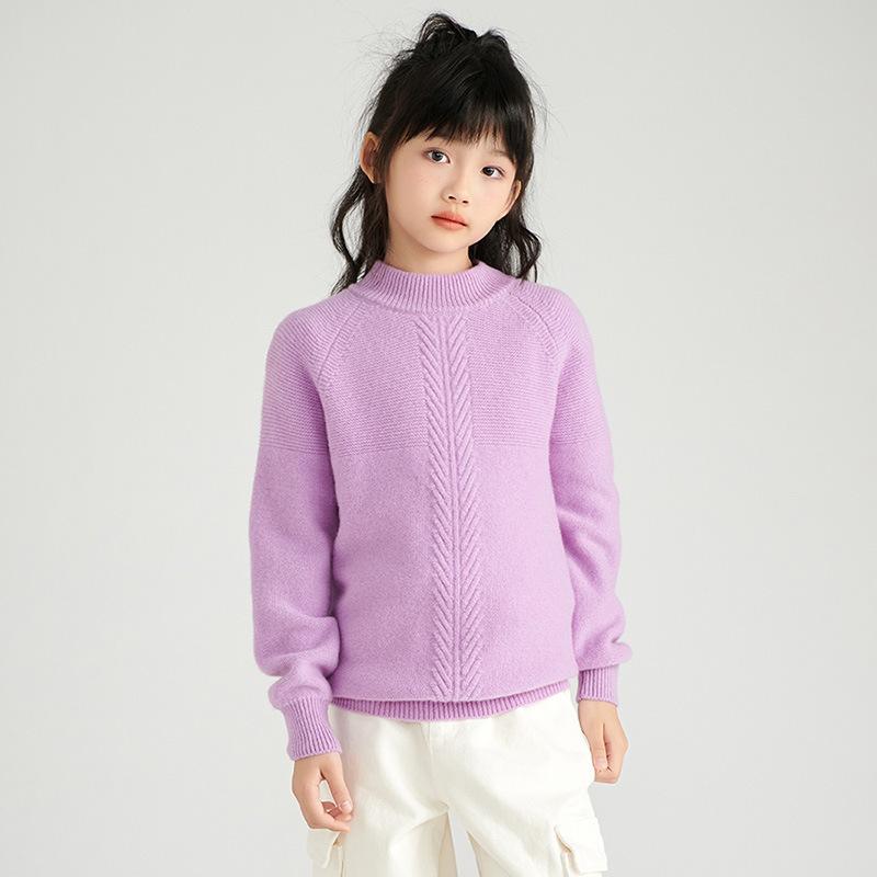 キッズ お坊っちゃん お嬢さん プルオーバー 丸首 ティーシャツ 羊毛 無地 長袖 朦々たる もの柔らか 普段使い走り 通学 お出かけ あったか 防寒 秋冬 さくら色 ベージュ 点火装置青碧 紫はしどい