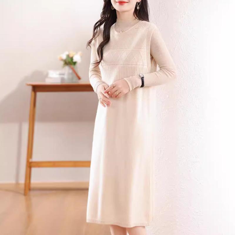 編み物衣裳 レディース ノースリーブ 秋冬 羊毛混 ゆったり ルーズフィット 膝下丈 ミモレ丈 体型取りまかなう 着痩せ成り行き 心地よい 好いたらしいめ 雅びやか 通い 象牙色 モカ 駱駝