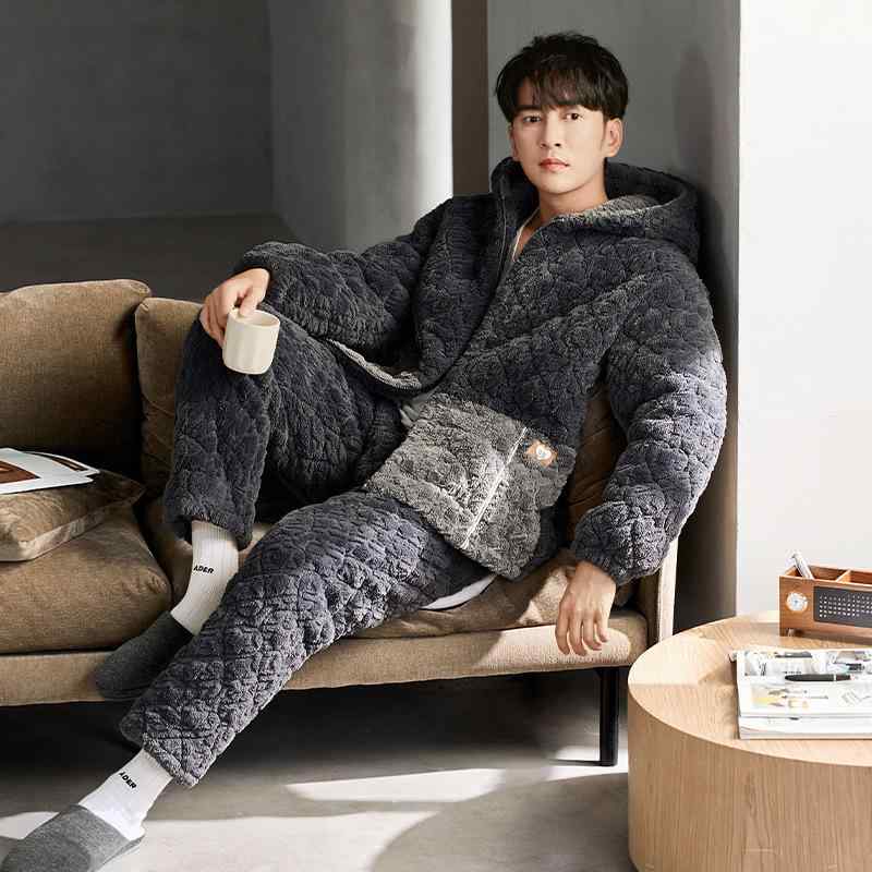 お部屋お召しもの メンズ 成人男性用 サンゴフリース 綿ネル 三層 中綿入り口・入口 朦々たる 保温 あったか 秋冬  パジャマ お部屋着 ワンマイルウェア ポリエステル 開襟