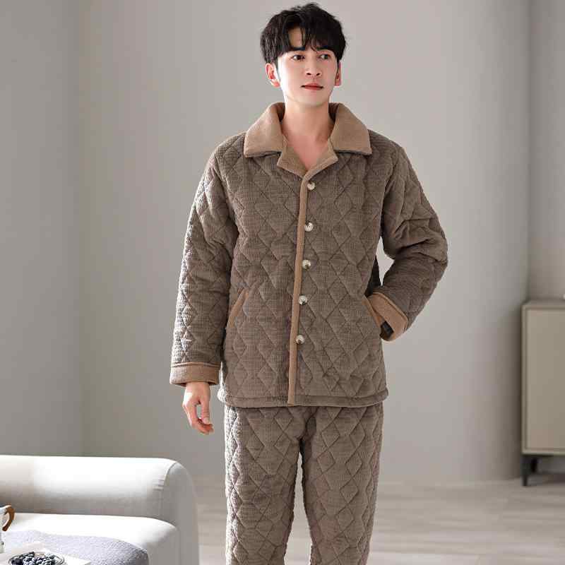 パジャマ メンズ 中年成人男性向け お父っつぁん 気が大きい大きさ 三層 キルティング サンゴフリース 極厚裏起毛 前食い違い 襟付き添い人 長袖 長ズボン 秋冬用 お部屋お召しもの お部屋着 保温 通気性 普段使い走り 出で立つ相応う