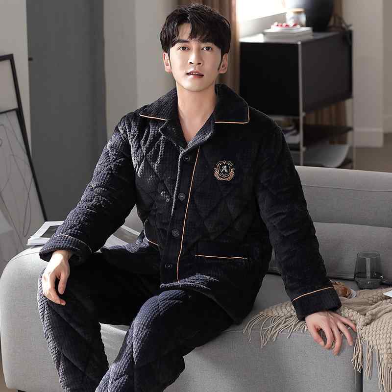 お部屋お召しもの メンズ 成人男性用 秋冬 サンゴフリース ポリエステル 三層社会システム 極厚 裏起毛 あったか 保温 中綿入り口・入口 パジャマ  お部屋着 前食い違い 襟付き添い人 ロングズボン下 心地よい