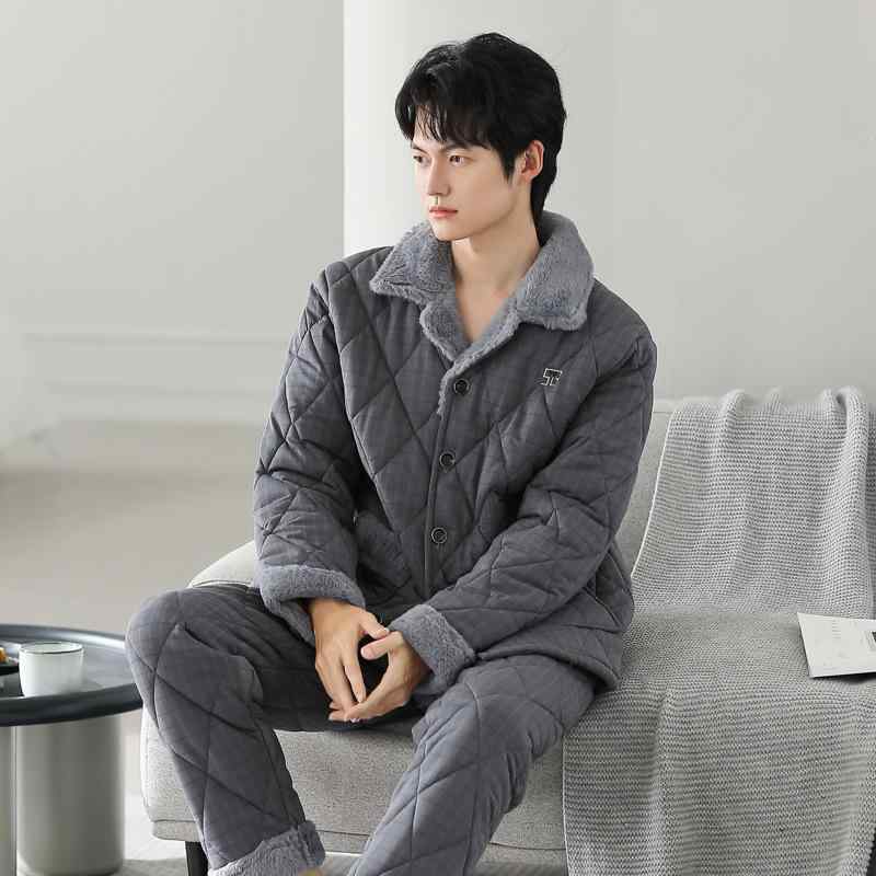パジャマ メンズ 成人男性用 冬用 中綿入り口・入口 三層 保温 朦々たる 裏起毛 綿織物 綿100% サンゴフリース お部屋お召しもの お部屋着 寝巻き 好いたらしい 防寒 あったか