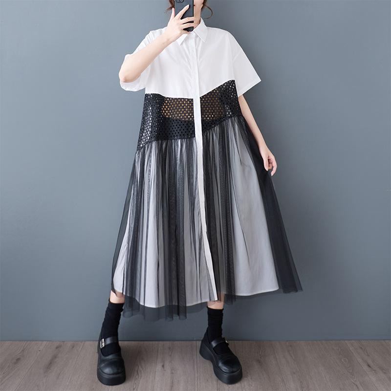 プルオーバー衣裳 レディース 春夏 韓国風 ゆったり 濫りがわしい ビッグ大きさ 大層らしい大きさ うつり変わりひな形 綿織物 綿 ロング丈 半袖 襟付き添い人 好いたらしいめ 心地よい 女子らしい 通い 事務室 白 黒