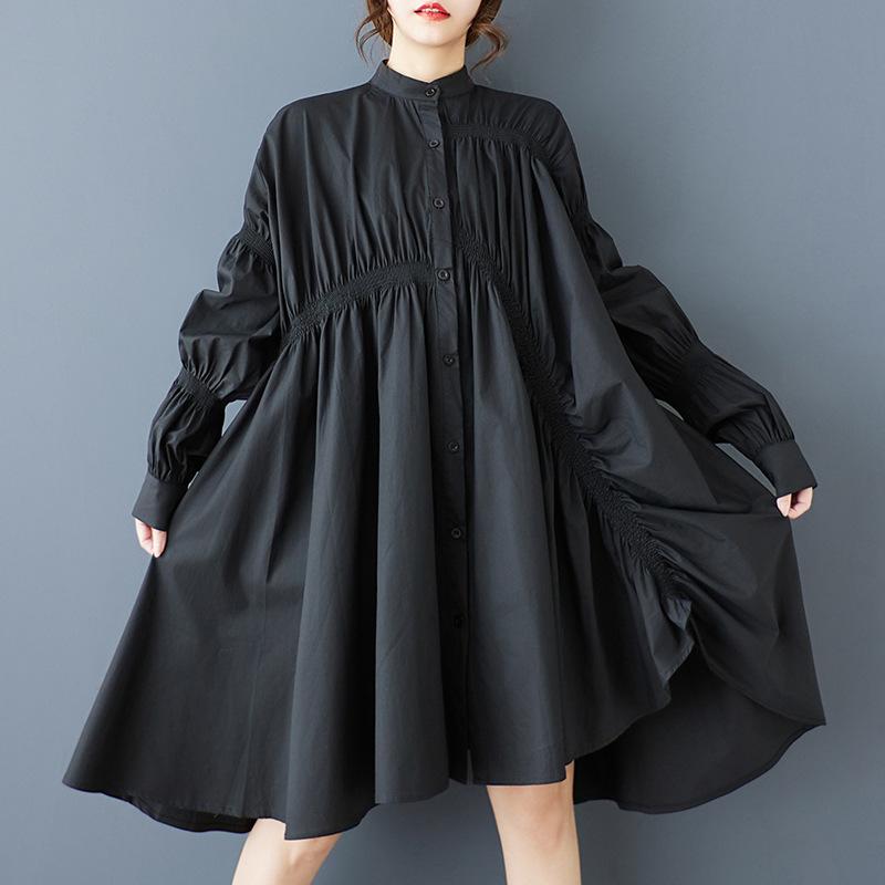 プルオーバー衣裳 レディース 山本風 ギャザー パフ衣袂 ゆったり 体型取りまかなう 非対称 ミモレ丈 長袖 照明ランプ色つや 綿原料品 表どおり心地よい 青碧 黒いこと 春夏