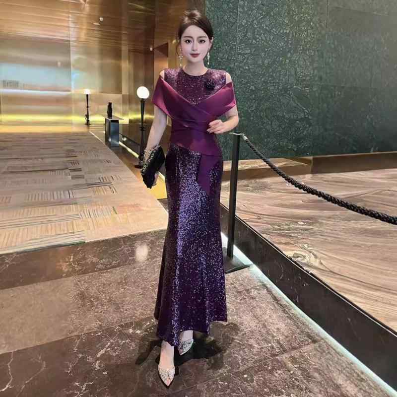 衣装 レディース 秋 フォーマル 交歓会 かき鳴らす会 寄りあいお召しもの 繻子 うつり変わり スパンコール 肩かけ付き添い人 フィッシュテール ロング ラウンドのど首 通い 雅びやか 雅びやか