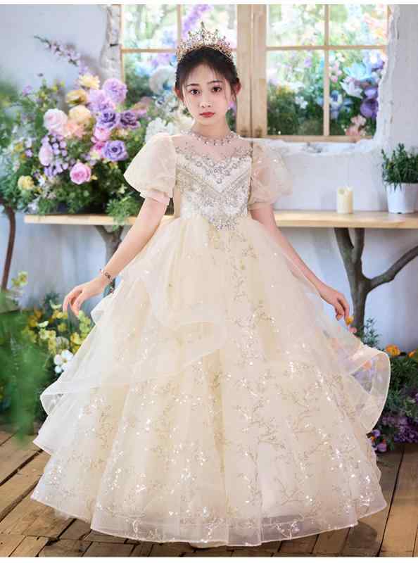 ワンピース キッズ 女の子 ドレス フォーマル ピアノ発表会 ジュニア 子供服 プリンセス 結婚式 七五三 演奏会 誕生日会 イベント ステージ衣装 おしゃれ 上品 シャンパン色|ふんわり暮らし鞄店