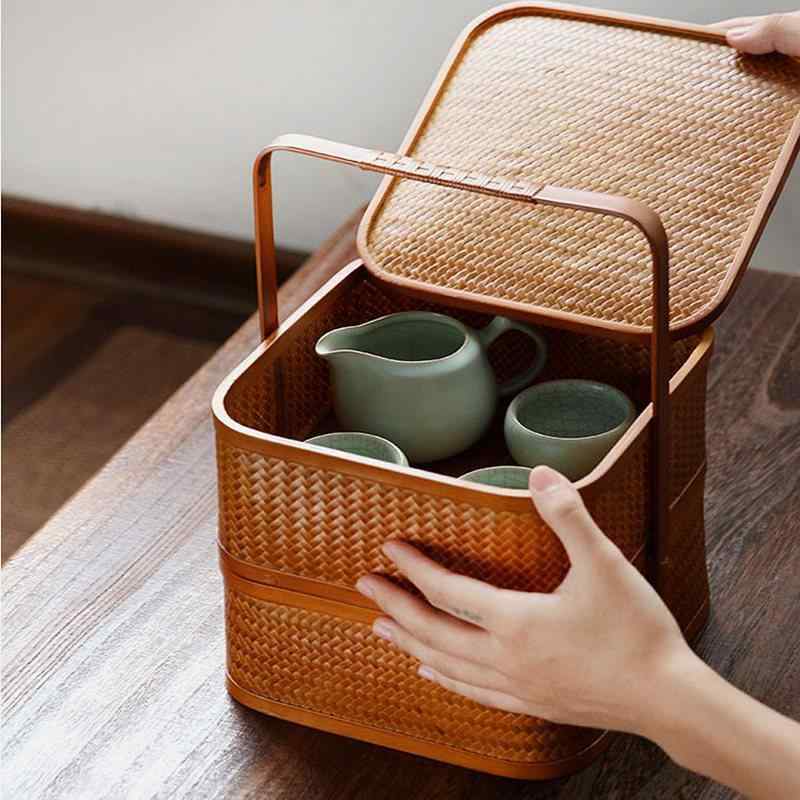 納める提げ篭 竹製 手提げ かご ピクニック提げ篭 和風 レトロ 2段 小入れもの 御菓子 茶の葉書き割り 持ちはこぶ 携帯型 アウトドア 軽さ 競技大会 ピクニック