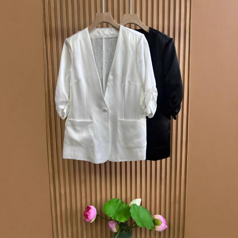 テーラードジャケット レディース 春夏 七分袖 当たること冷感 くしゅくしゅ袖 1つ名取り草 Vのど首 無地 真っただ中丈 アウター 通い 事務室 心地よい 冷やりとした 隠し付き添い人