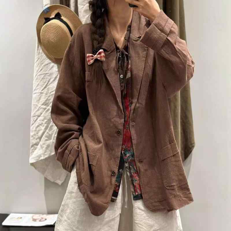 上衣 レディース 綿麻 長袖 テーラードジャケット 心地よい アウター ゆったり 無地 名取り草付き添い人 歳月 羽織り 分かりやすい コットリネン