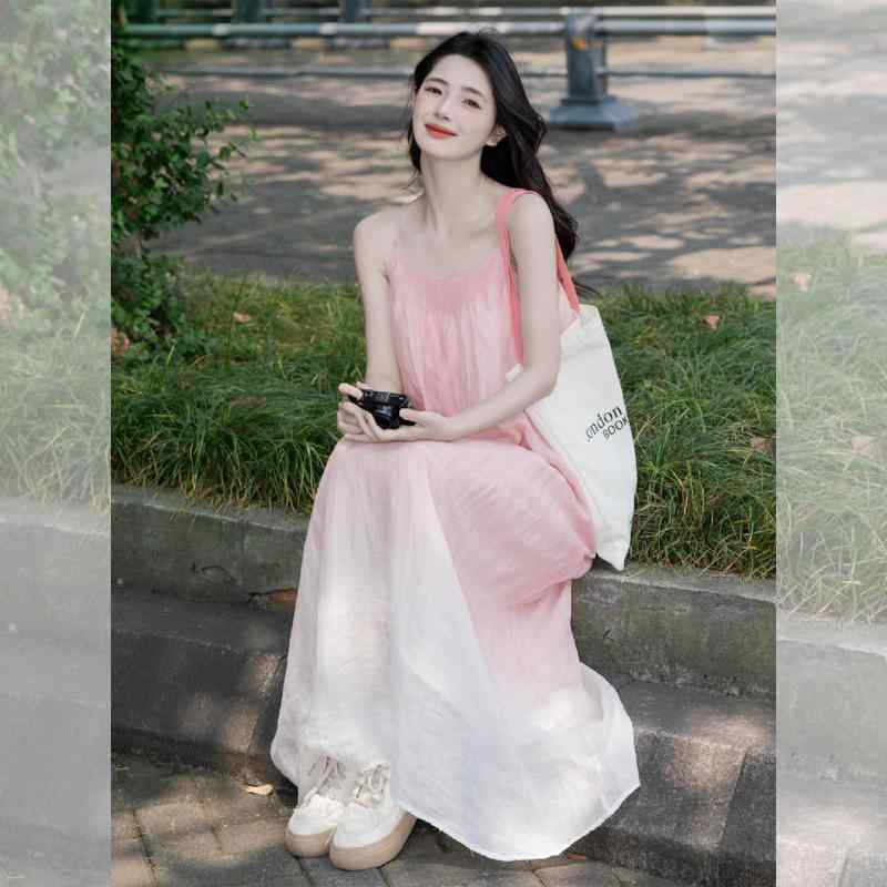 衣装 レディース 春夏 当たること冷感 グラデーション A生産ライン ロング丈 ノースリーブ うしろ側シュロの葉 たまり場 砂浜 旅する 会う約束
