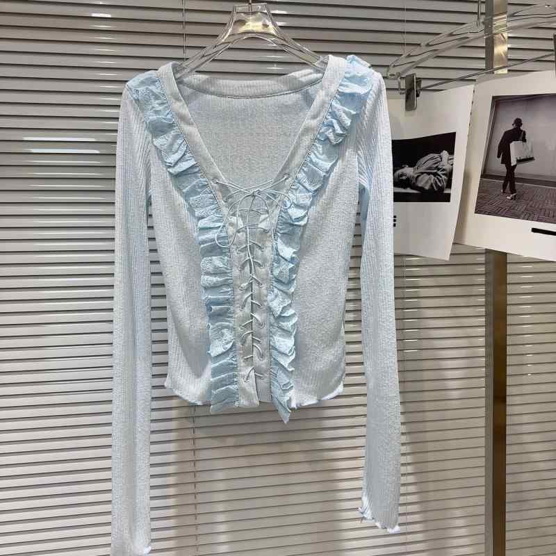 プルオーバー レディース 春夏 長袖 Vのど首 フラウンス シャーリング 透け感 シアー メッシュ 無地 カットソー ティーシャツ 愛くるしげ 好いたらしいめ 執務室 通い 通学