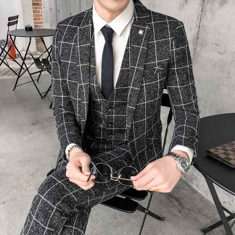 スーツ メンズ 三件セット セットアップ スリム ビジネス フォーマル チェック柄 紳士服 結婚式 二次会 披露宴 新郎 伴郎 パーティー 1つボタン カジュアル｜ふんわり暮らし鞄店