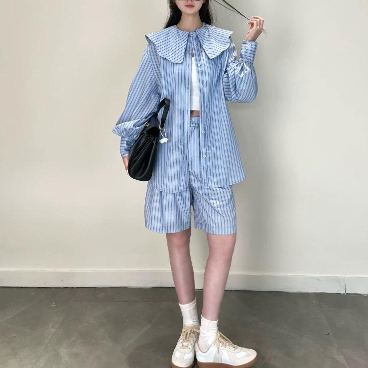 セットアップ レディース 半袖 カジュアル マリン風 ストライプ柄 ブラウス シャツ ショートパンツ レトロ 大人かわいい 日よけ 普段着 旅行 ブルー|ふんわり暮らし鞄店