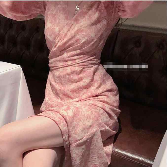 ワンピース レディース 春夏 シフォン 花柄 Vネック クロスデザイン 切り替え ロング丈 パフスリーブ バルーンスリーブ ウエストゴム ピンク かわいい フェミニン 通勤 オフィス カジュアル 旅行 リゾート｜ふんわり暮らし鞄店