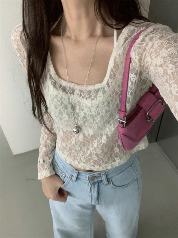 Tシャツ レディース 春夏 長袖 アンダーシャツ キャミソール 2点セット ホルターネック レース シースルー 透け感 日焼け防止 接触冷感 インナー トップス 韓国風 カジュアル 無地 おしゃれ かわいい|ふんわり暮らし鞄店