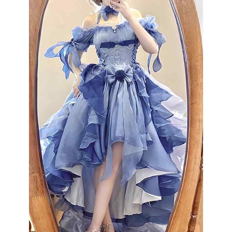 ワンピース レディース ロリータ ドレス フレンチ ガーリー Aライン オフショルダー 半袖 ひざ丈 ティアード パニエ 姫系 プリンセス お呼ばれ 二次会 パーティー リボン ブルー 秋冬｜ふんわり暮らし鞄店