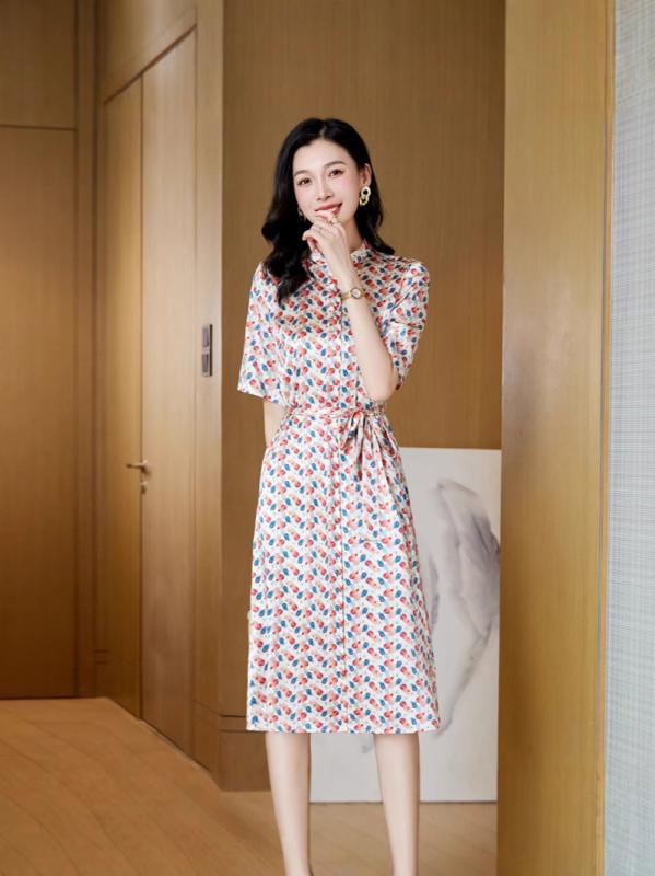 ワンピース レディース 春夏 五分袖 スタンドカラー シルク調 接触冷感 プリント ミディアム丈 ハイウエスト おしゃれ きれいめ エレガント カジュアル 通勤 Aライン|ふんわり暮らし鞄店