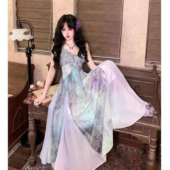 ワンピース レディース 春夏 キャミソール マキシ丈 ロング フリル A字ライン ティアード Vネック ノースリーブ 油画風 ペイント柄 インクアート柄 リゾート サンドレス エレガント レトロ フェミニン|ふんわり暮らし鞄店