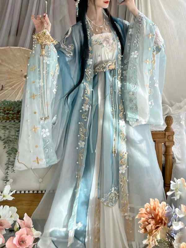 漢服 レディース 春夏 唐装 漢服セット 刺繍 花柄 ワイドスリーブトップス 訶子スカート 一片式 齊胸 刺しゅう 羽織 コスプレ 伝統衣装 中国風 エスニック おしゃれ|ふんわり暮らし鞄店
