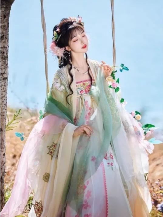 漢服 レディース 唐制 漢服スカート 刺繍 シフォン 長袖 切り替えデザイン 春夏 民族衣装 伝統衣装|ふんわり暮らし鞄店