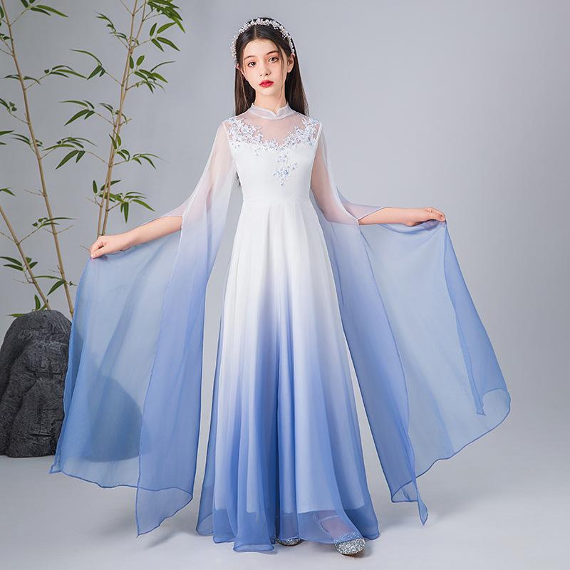 ドレス キッズ 女の子 子供服 中華風 中国風 ロング丈 長袖 古箏 発表会 演奏会 ピアノ バイオリン 演出 舞台 ステージ衣装 結婚式 パーティー 七五三 ジュニア コンクール 写真撮影 プリンセス｜ふんわり暮らし鞄店