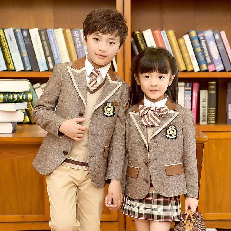 スーツ キッズ フォーマル 四点セット ジャケット シャツ パンツ スカート リボン ネクタイ 男の子 女の子 イギリス風 合唱 卒業式 入学式 発表会 七五三 ブラウン ポリエステル|ふんわり暮らし鞄店
