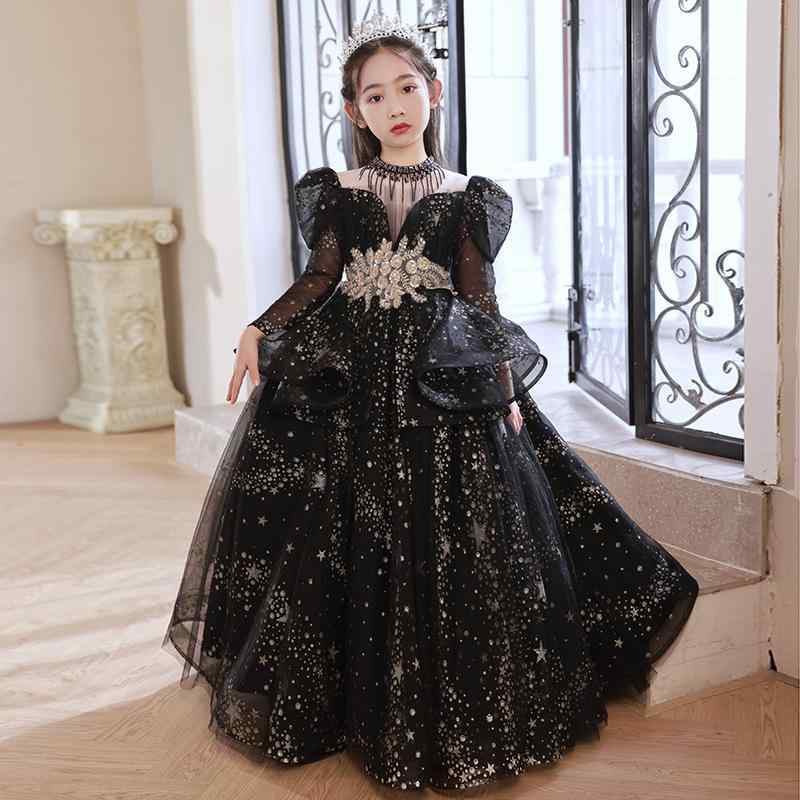 ドレス キッズ 女の子 プリンセス ピアノ発表会 演奏会 結婚式 七五三 フラワーガール フォーマル 長袖 シフォン 高級感 上品 おしゃれ かわいい ロング ブラック シャンパン|ふんわり暮らし鞄店