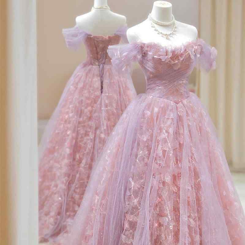 ドレス レディース ロング パーティードレス オフショルダー パフスリーブ プリンセスライン ハイウエスト 上品 エレガント 結婚式 二次会 披露宴 演奏会 発表会 パープル ピンク｜ふんわり暮らし鞄店
