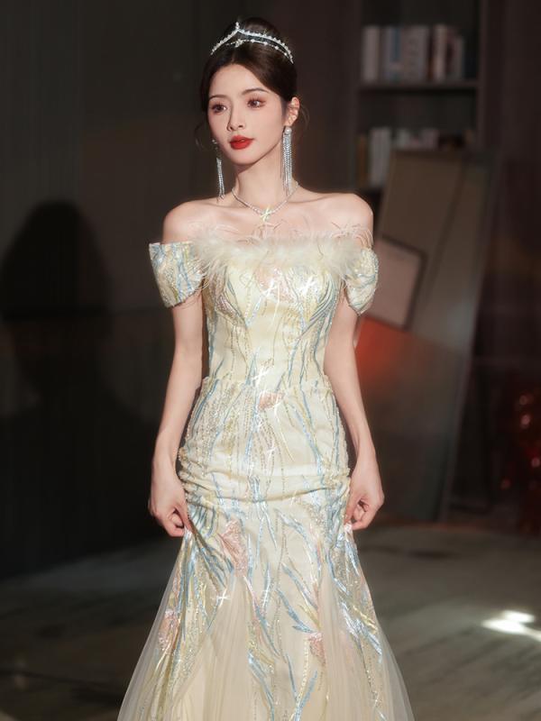 ワンピース レディース ロング丈 オフショルダー マーメイドライン ノースリーブ 高級感 大人 タイト フェミニン エレガント パーティードレス 演奏会 発表会 二次会 お呼ばれ 結婚式 披露宴 フォーマル|ふんわり暮らし鞄店