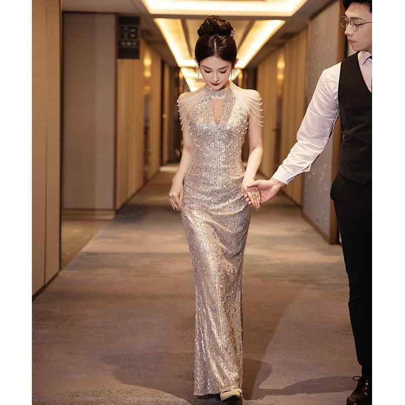 ロングドレス レディース シャンパンゴールド ホルターネック フリンジ スパンコール マーメイドシルエット エレガント パーティー 結婚式 二次会 演奏会|ふんわり暮らし鞄店