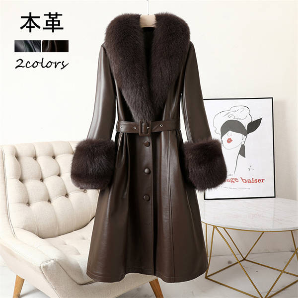 エッジ レザートレンチコート ジャケット ゴートスキン 衿フォックスファー L エッジ レザートレンチコート ジャケット ゴートスキン 衿フォックス